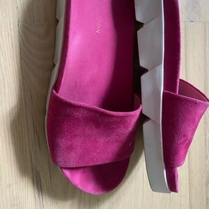 Stuart Weitzman slides, suede, white soles